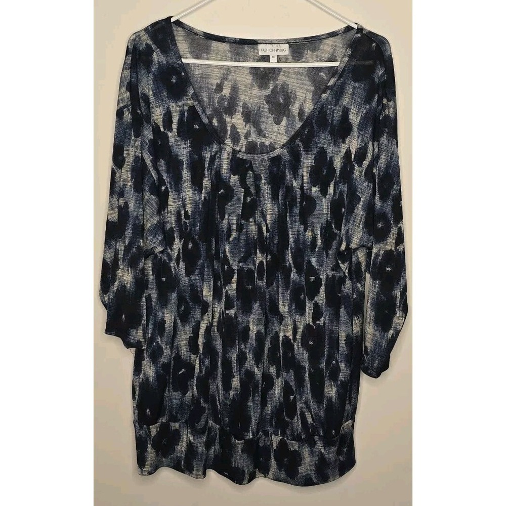 Fashion‎ Bug Scoop Neck Blouse 3/4 Sleeve Floral Semi Sheer Loose Fit Ruffle Top